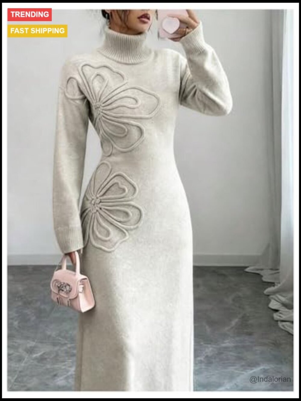 3D Floral Appliques Long Sweater Dress Turtleneck Long Sleeve Knit Maxi - Picture 4 of 4